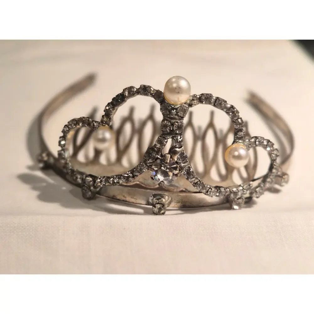 Vintage Y2K Rhinestone‎ Pearl Tiara Hair Comb Princess Fairycore Bridal Crown